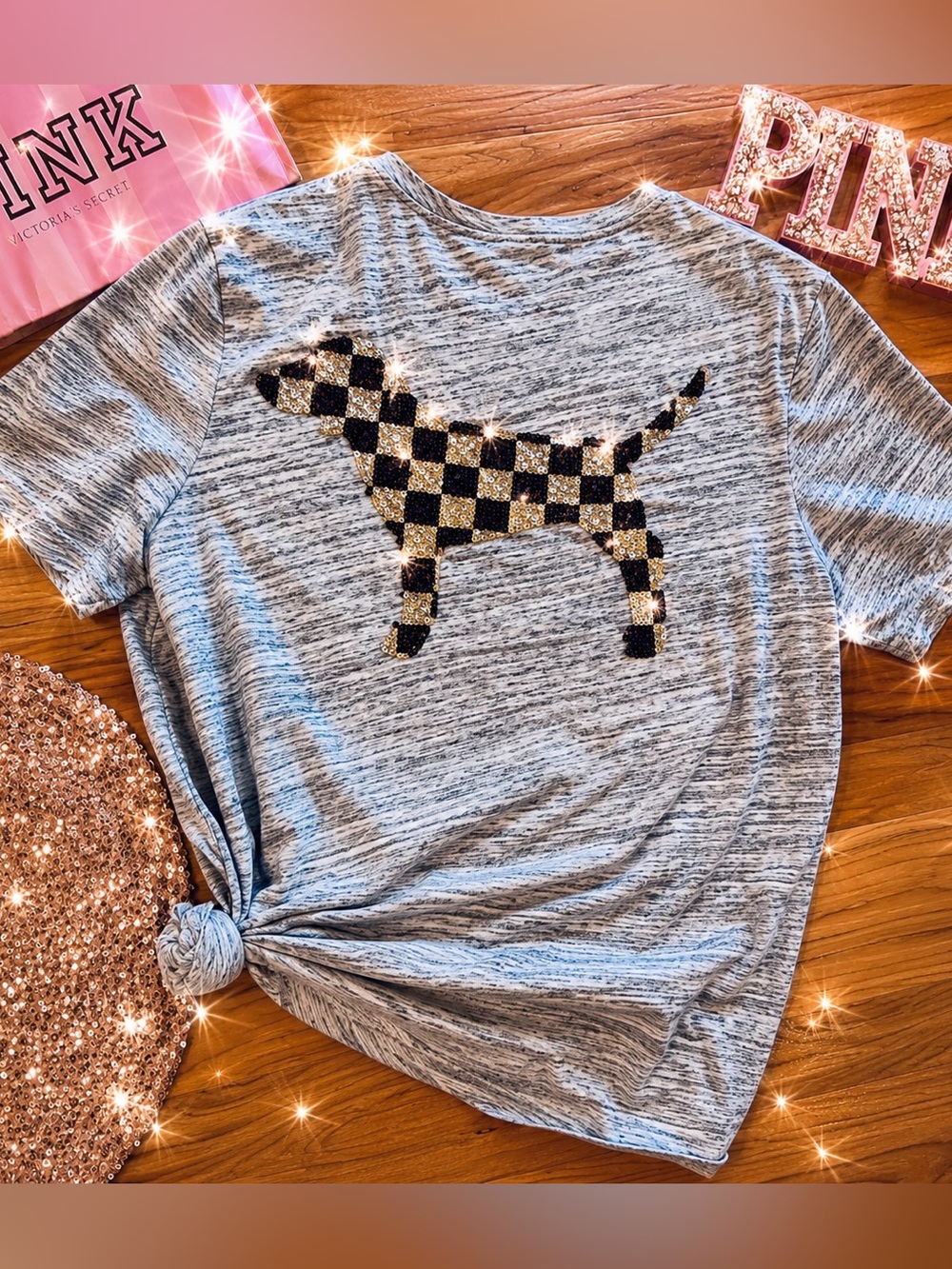 PINK Victoria’s Secret Sequin Bling Dog Tee Medium Oversized Gray Checkerboard